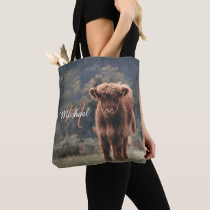 Tote Bag Vache de Highland calvaire herbe d'automne monogra