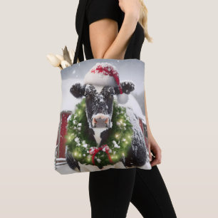 Tote Bag Vache de Noël portant une couronne