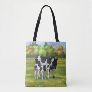 Tote Bag Vache Holstein et veau mignon en pâturage d'été