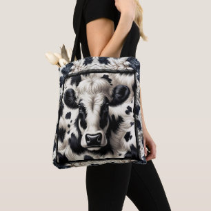 Tote Bag Vache noire et blanche Cowhide Fur Fur Look