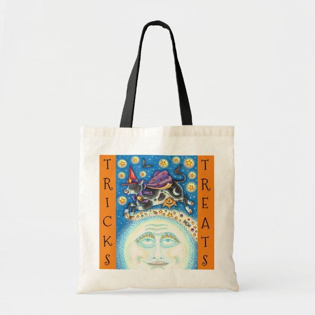TOTE BAG VACHE SUR L'HOMME DANS LA LUNE, TRICK OU TRAITER (Devant)