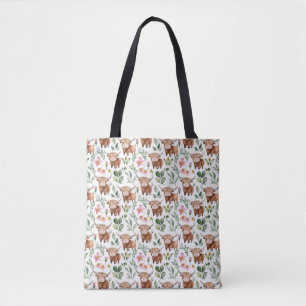 Tote Bag Vaches Highland et fleurs roses Motif Floral