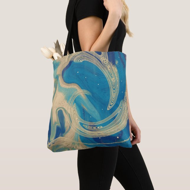 Tote Bag Vagues Abstraites aux couleurs géométriques bleues (De près)
