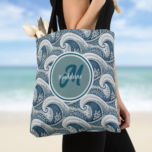 Tote Bag Vagues de plage polynésiennes et fleurs motif océa