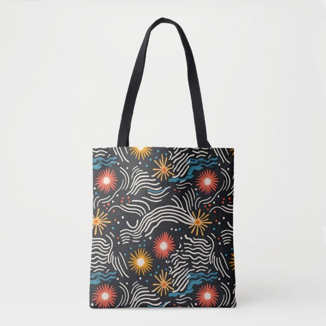 Tote Bag Vagues florales Abstraites sur noir (Devant)