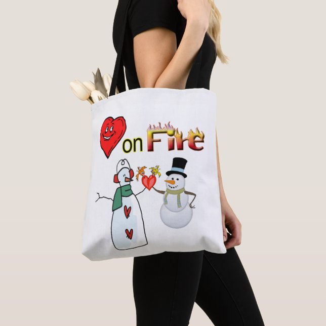 Tote bag Valentines day hearts on Fire Snowman  (Close Up)