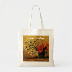 Tote Bag Vase avec oeillets rouges et blancs