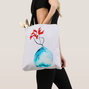 Tote Bag Vase bleu Ikebana aquarelle