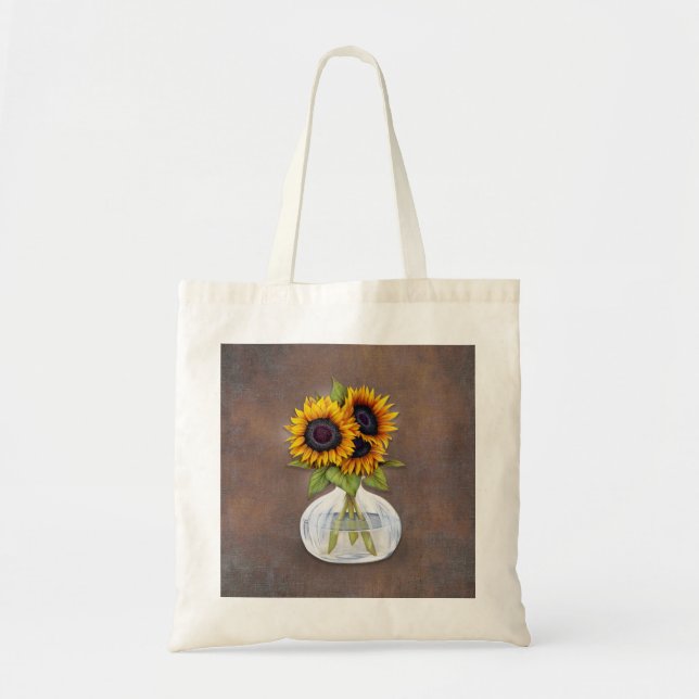 Tote Bag Vase de tournesol sur Brown rustique (Devant)