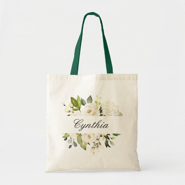 Tote Bag Verdure Roses Blanches Aquarelle Florale Bridesmai (Devant)