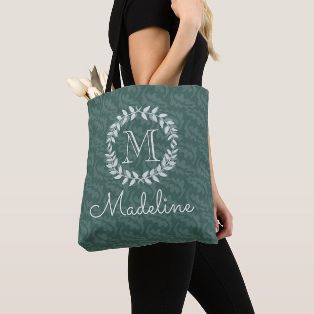 Tote Bag Verdure turquoise & Sage Wreath Botanique Monogram (De près)