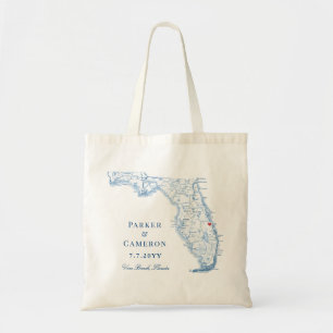 Tote Bag Vero Beach FL Map Elégant Marine Blue Wedding Favo
