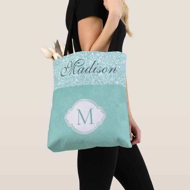 Tote Bag Vert blanc floral Pastel tendance Monogramme (De près)
