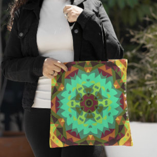 Tote Bag Vert fleur Mandala rétro violet et orange