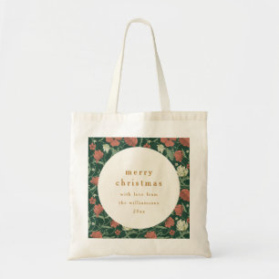 Tote Bag Vert Floral Vintage Rouge Personnalisé Joyeux Noël