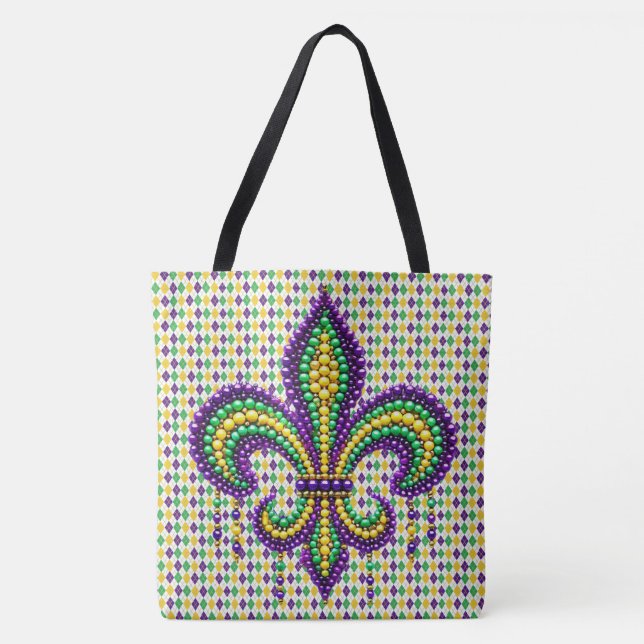 Tote Bag Vert jaune pourpre Mardi Gras fleur de lis (Devant)