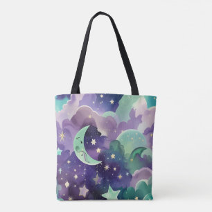 Tote Bag Vert Menthe Lilas Lune Calme Esthétique