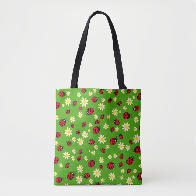Tote Bag vert mignon de motif de fleur de coccinelle et de (Devant)