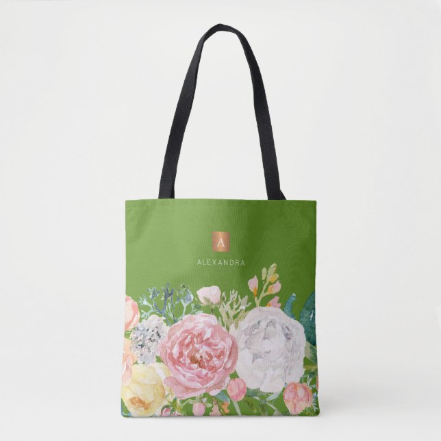 Tote Bag Vert monogramme floral à l'aquarelle (Devant)