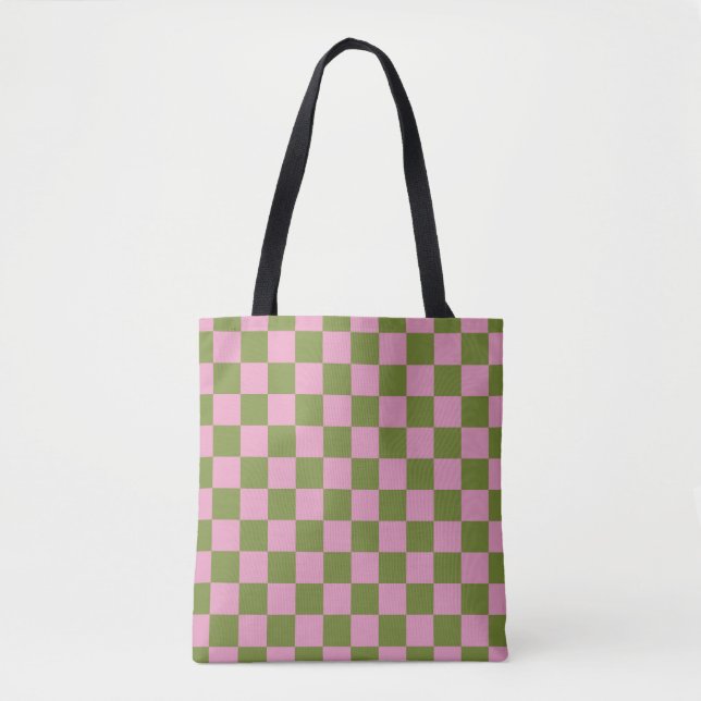 Tote Bag Vert rose À damiers En vichy Motif (Devant)
