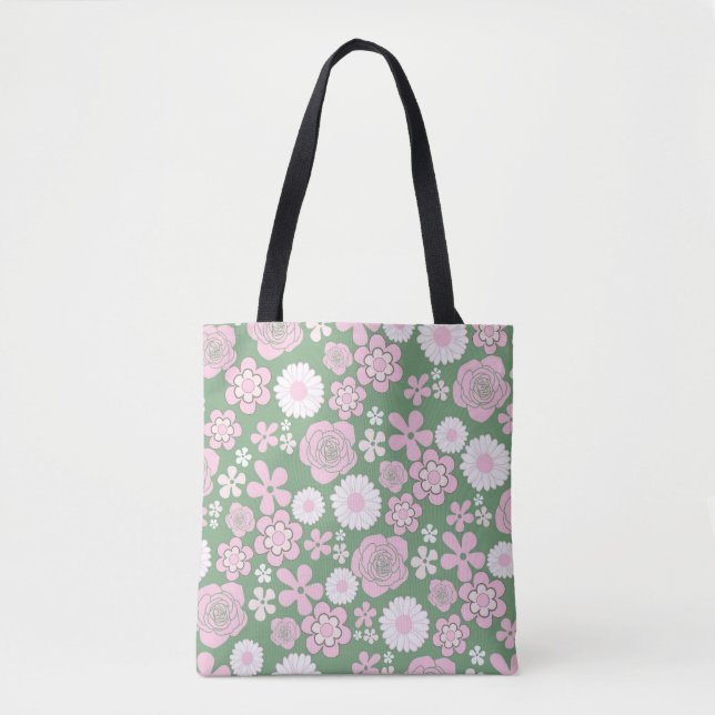Tote Bag Vert rose blanc rétro Y2K les années 70 Fleur Moti (Devant)