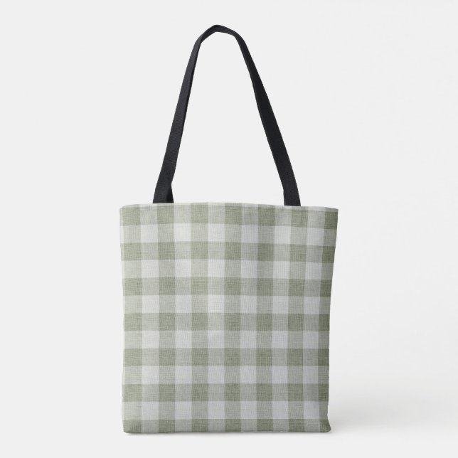 Tote Bag Vert sauge Gingham carreaux de buffle texture lin (Dos)