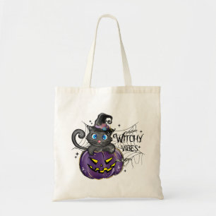 Tote Bag Vibes de cuisine   WItch Black Cat et Jack-O-Lante