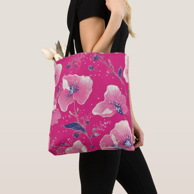 Tote Bag Vibrant Floral Pattern in Pink, White & Royal Blue (De près)