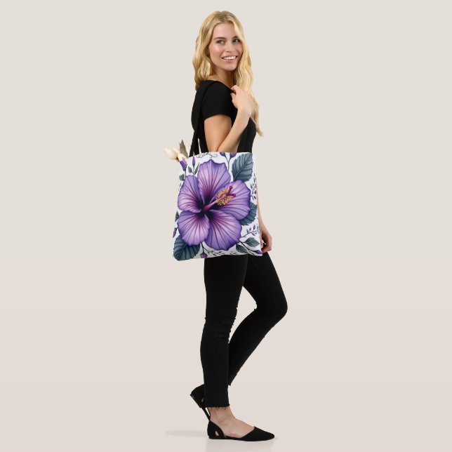 Tote Bag Vibrant Purple Hibiscus | Tropical Floral Accessor (Sur le modèle)