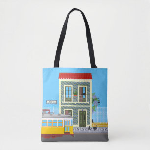 Tote Bag Vieille maison de Lisbonne avec chats et tramway j