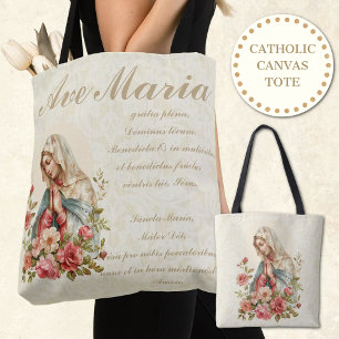 Tote Bag Vierge catholique Marie Roses rouges Floral Ave Ma