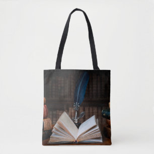 Tote Bag Vieux livres, stylo à talons et encre vintage sur