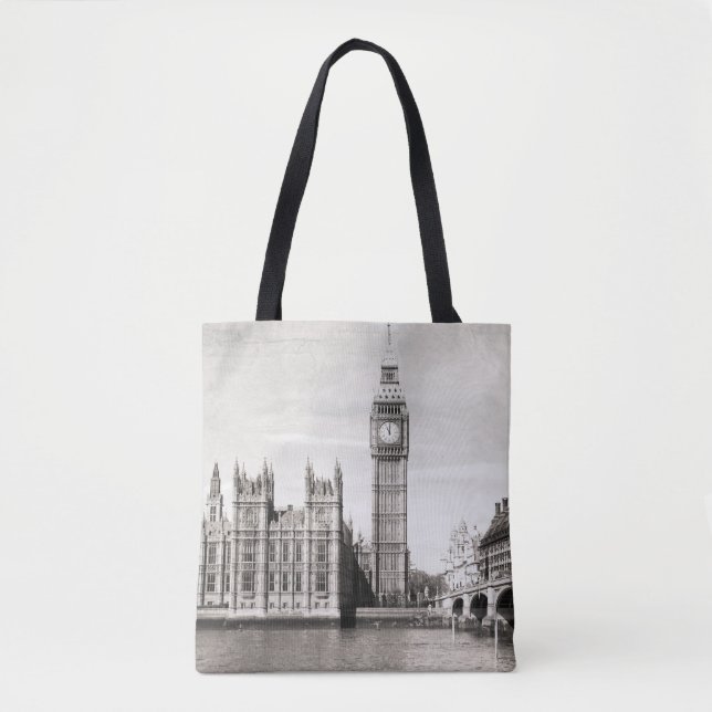 Tote Bag Vieux Londres, noir et blanc. (Devant)