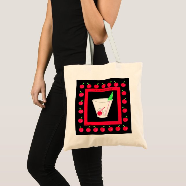 Tote Bag Vieux style rétro Boire Cerises rouges sur Noir (Devant (produit))