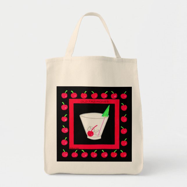 Tote Bag Vieux style rétro Boire Cerises rouges sur Noir (Devant)