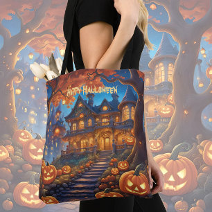 Tote Bag villa éffrayante dans la forêt, citrouilles, Hallo