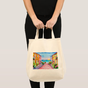 Tote Bag Village au bord de la mer au coucher du soleil aqu