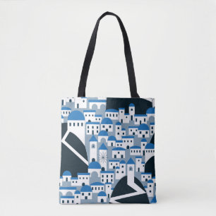 Tote Bag Village de Santorin motif en blanc et bleu