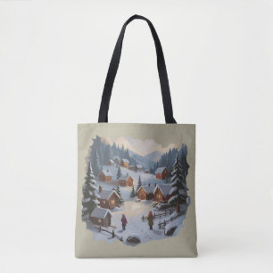 Tote Bag Village d'hiver de Noël Rétro Montagnes Arbres 90