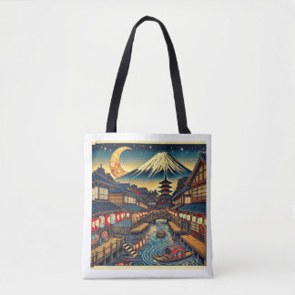 Tote Bag Village Japonais Enchantant Sous Fuji Lune