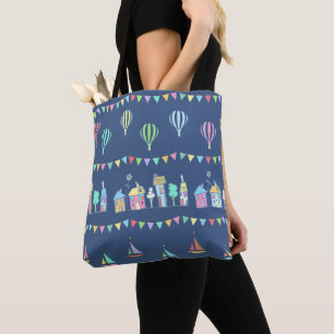 Tote Bag Ville côtière voiliers et motif de guirlandes bleu