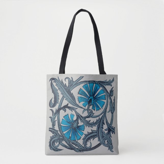 Tote Bag vintage bleu antique fleurs artisanat rustique (Devant)