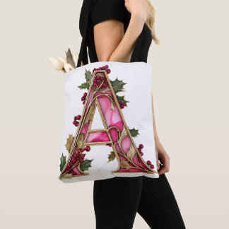 Tote Bag Vintage Christmas Pink Gold Holly Monogram A