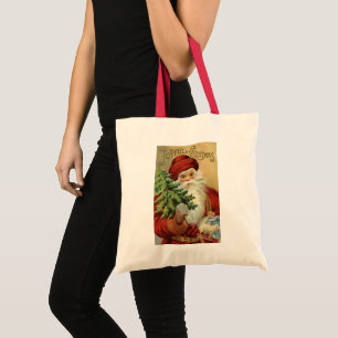 Tote Bag Vintage Christmas, Victorian Santa Claus with Tree