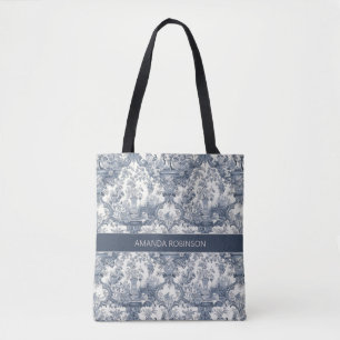 Tote Bag Vintage damas à fleurs Bleu toile de jouy monogram