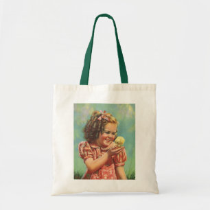 Tote Bag Vintage fille avec bébé poussin, Joyeux enfant sou