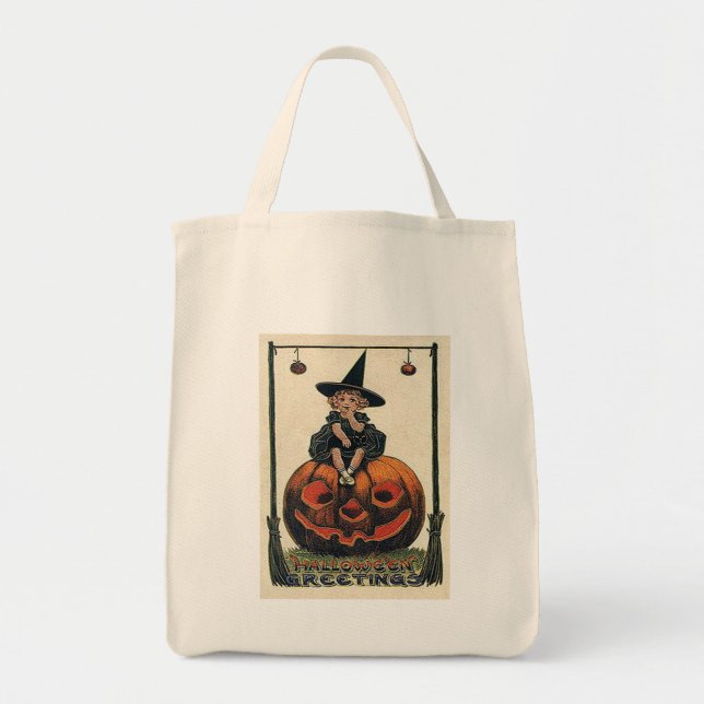Tote Bag Vintage fille d'Halloween sur Jack o'Lantern (Devant)