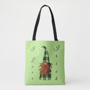 Tote Bag Vintage Green plaid St Patrick Gnome I love Irish