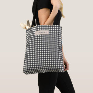 Tote Bag Vintage gris noir En vichy plaid Personnalisé