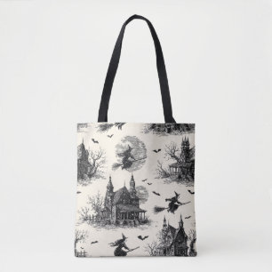 Tote Bag Vintage Haunted House and Witch Toile Motif (2)